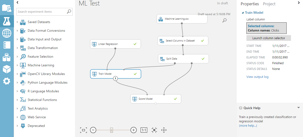 Experiments Microsoft Azure Machine Learning Studio Step 3